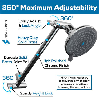 SparkPod 11" Solid Brass Shower Head Extension Arm - Flexible Height & Angle Adjustable Shower Arm Extension for Rain Showerheads with Sturdy Lock - Universal Pipe Connection (Luxury Polished Chrome)