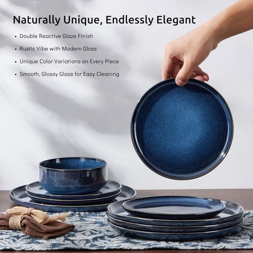 E-far Dinnerware Set - 12-Piece Stoneware Plates & Bowls | Microwave & Dishwasher Safe - Deep Sea Blue