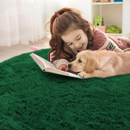 OLANLY Dark Green Round Rug - Soft, Fluffy, Machine Washable 3 ft Circle Area Rug for Bedroom & Living Room