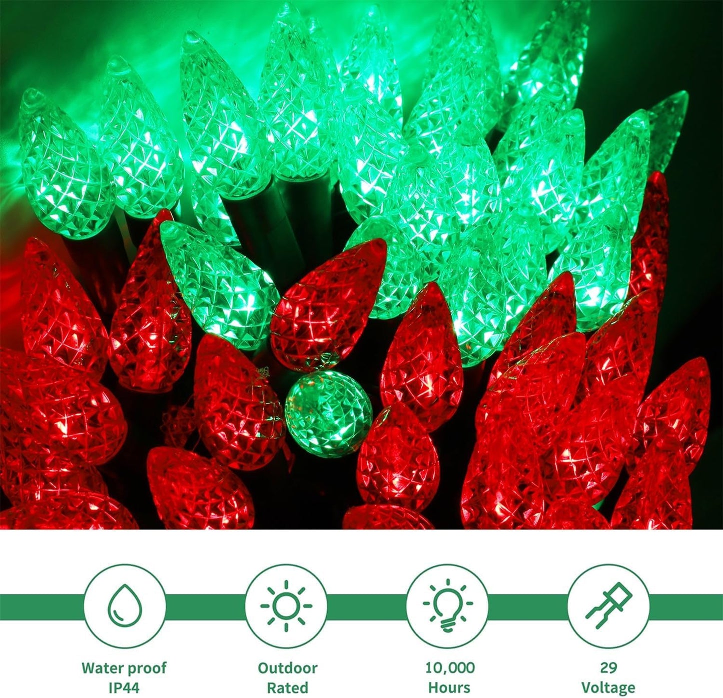 WATERGLIDE C6 33ft LED Faceted String Lights - 100 Waterproof Fairy Lights for Indoor/Outdoor Decor | Red & Green