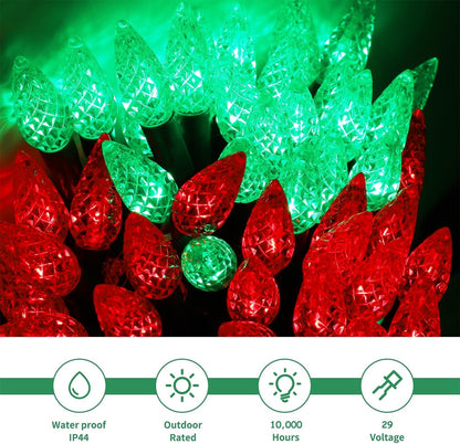 WATERGLIDE C6 33ft LED Faceted String Lights - 100 Waterproof Fairy Lights for Indoor/Outdoor Decor | Red & Green