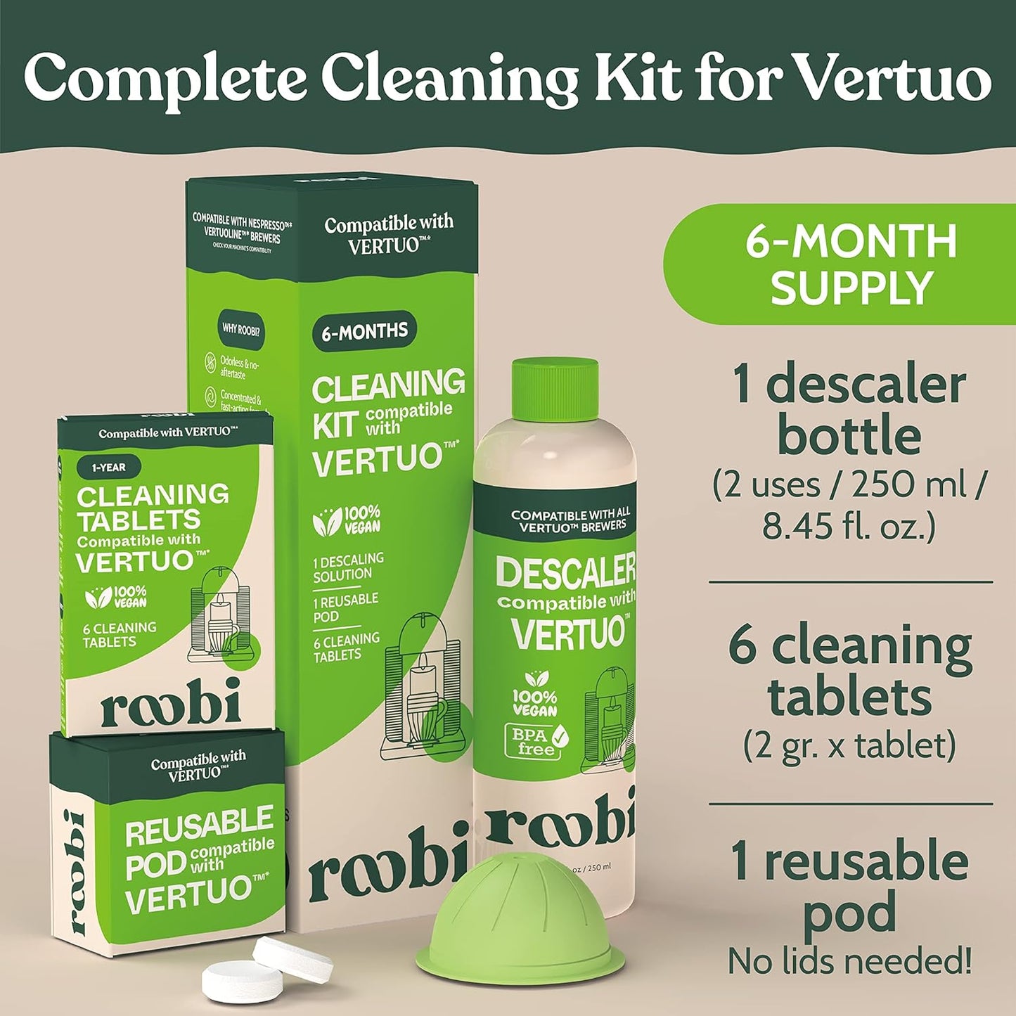 Roobi Nespresso Compatible Vertuo Cleaning & Descaling Kit - 6 Month Supply with Solution & Tablets