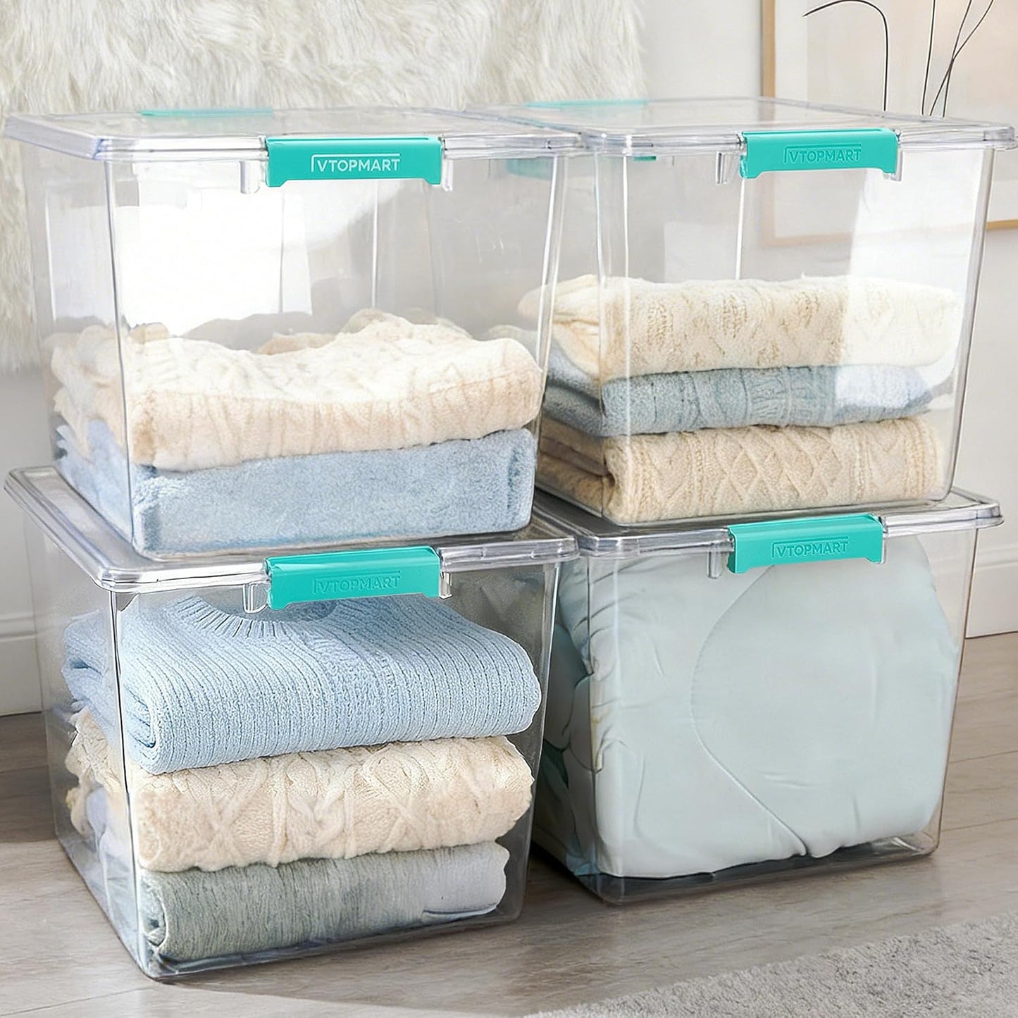 Vtopmart 72 QT Crystal Clear Storage Bins - 4 Pack Stackable Latching Containers for Closet Organization