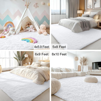 OLANLY 8x8 Large Area Rug - Soft Fluffy Shaggy Carpet for Living Room & Bedroom | White Indoor Decor
