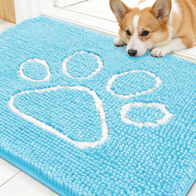 OLANLY Dog Door Mat for Muddy Paws 30x20, Paw Print Design, Absorbs Moisture and Dirt, Absorbent Non-Slip Washable Doormat, Quick Dry Chenille Mud Mat for Dogs, Entry Indoor Entryway Carpet, Blue