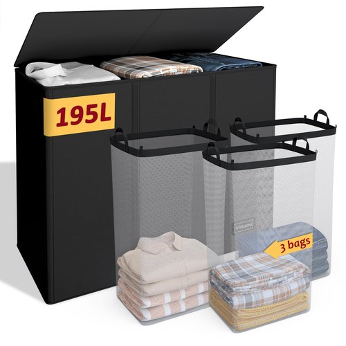 195L Laundry Hamper 3 Section,Large Laundry Hamper with Lid,Dirty Clothes Hamper with 3 Inner Bags,Collapsible Laundry Basket Organizer for Laundry Room,Bedroom,Laundry Sorter Hamper 3 Compartment