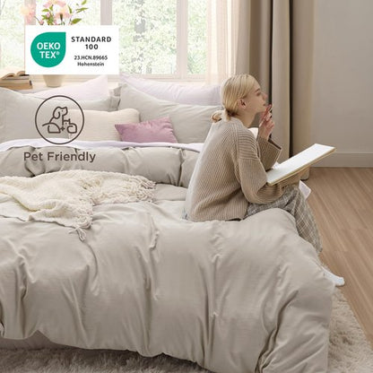 Bedsure Oversized Queen Duvet Cover - 3 Pieces Prewashed Cotton-Like Polyester Extra Soft Bedding Set, Includes 1 Duvet Cover 98x98 Inches with Zipper Closure & 2 Pillow Shams, Linen, No Comforter