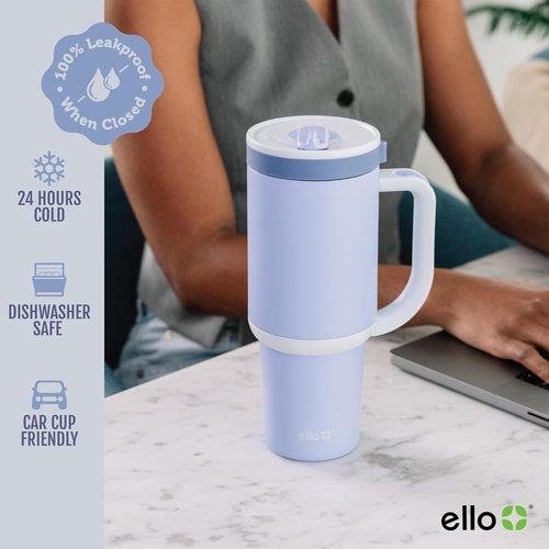 Ello Oasis 40 oz Tumbler - Insulated Stainless Steel Cup with Handle & Straw | 100% Leakproof, Twilight Color