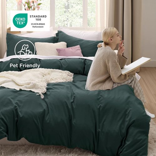 Bedsure Forest Green Duvet Cover - Extra Soft 3-Piece Bedding Set, Queen Size 90x90 Inches with Zipper Closure