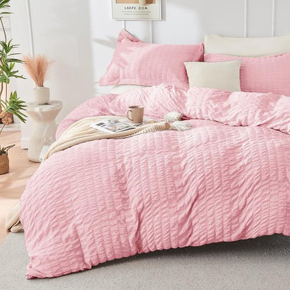 HYMOKEGE Full Size Comforter Set - Luxury 7-Piece Seersucker Bedding in Pink/Ivory for All Seasons