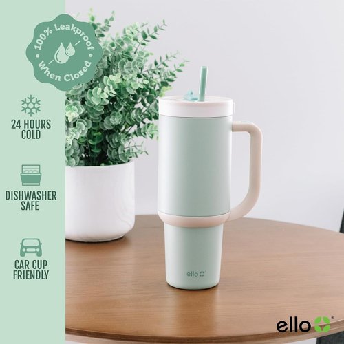 Ello Oasis 24 oz Tumbler - Insulated Stainless Steel Cup with Handle & Straw | 100% Leakproof, Keeps Drinks Cold for 24 Hours, Pistachio