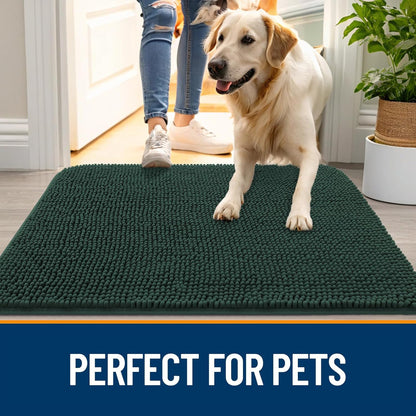 OLANLY Dog Door Mat - Absorbent Non-Slip Muddy Paws Mat | Quick Dry Chenille, 34x21, Blackish Green