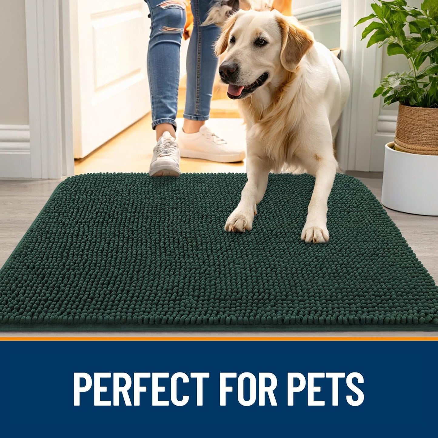 OLANLY Dog Door Mat - Absorbent Non-Slip Washable Doormat for Muddy Paws | 35x24 Blackish Green