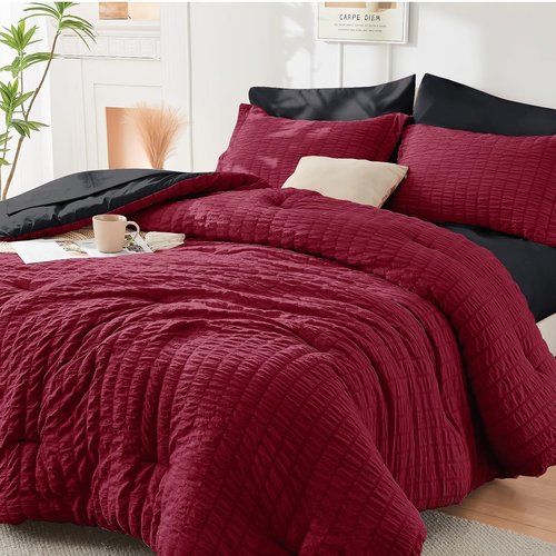 HYMOKEGE King Size Comforter Set - Red & Black Seersucker 7-Piece Luxury Bedding Set for All Seasons