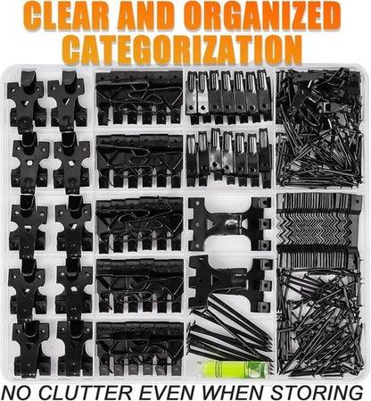 KURUI Picture Hanging Kit - 385Pcs Heavy Duty Hooks, Sawtooth & Nails for Frames | Black