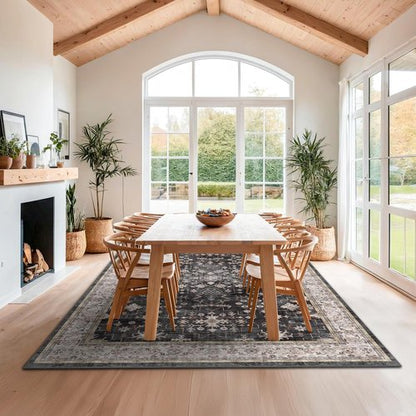 Boho Black Rug - Washable 10x14 Area Rug for Living Room & Dining Room | Soft Low Pile, Non-Slip, Stain Resistant