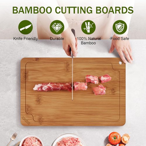 Bamboo Cutting Boards Set - Premium Wood Chopping Boards with Juice Grooves & Handles | Large, Medium, Small Sizes