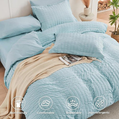 HYMOKEGE Comforter Set - Luxury 7-Piece All-Season Bedding in Lake Blue | Full Size with Sheets & Pillowcases