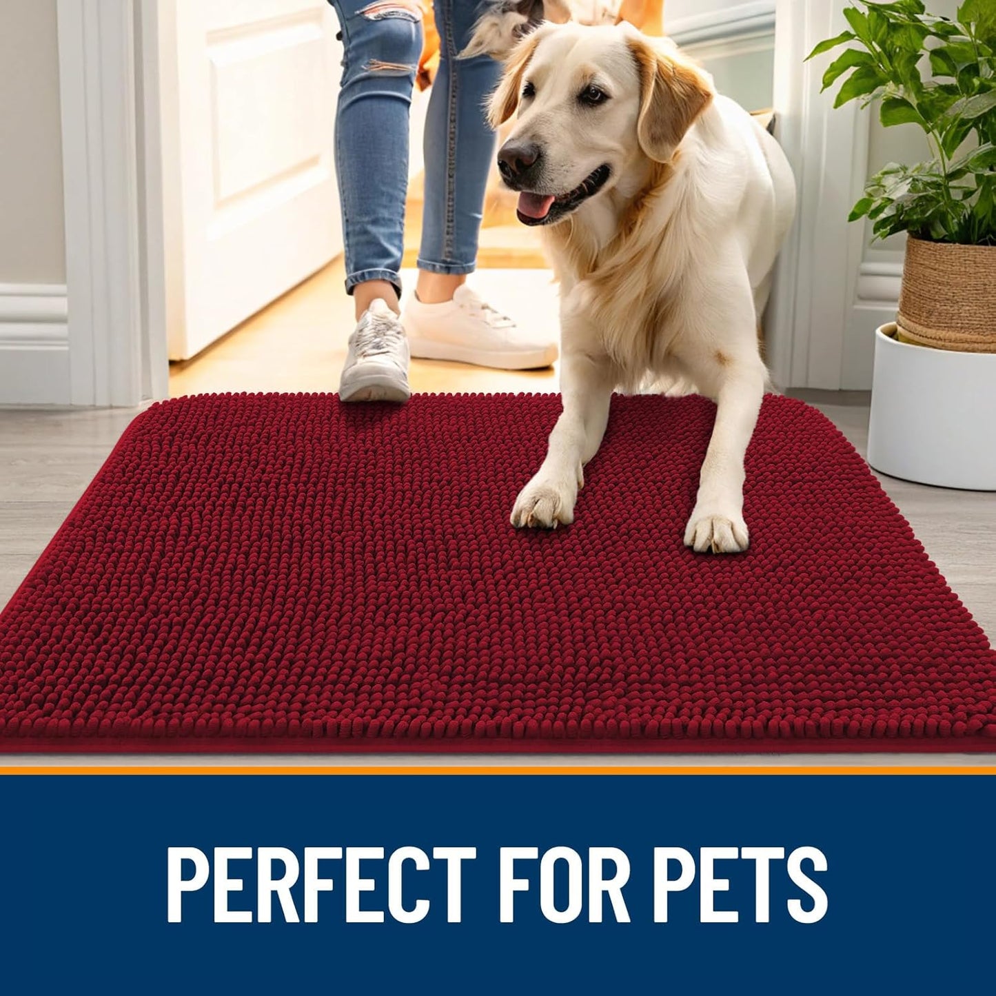 OLANLY Dog Door Mat - Absorbent Non-Slip Washable Chenille Mat for Muddy Paws | 59x24 Red