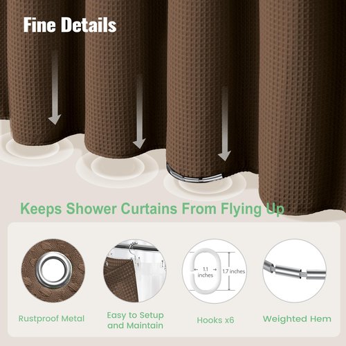 Dynamene Stall Shower Curtain and Liner Set - 36 x 72 inch Half Waffle Fabric, Narrow Waterproof Clear Liner, Heavy Duty Weighted Hotel Luxury Cloth Shower Curtains for Bathroom with 6 Hooks, Brown