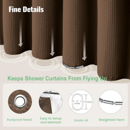 Dynamene Stall Shower Curtain and Liner Set - 36 x 72 inch Half Waffle Fabric, Narrow Waterproof Clear Liner, Heavy Duty Weighted Hotel Luxury Cloth Shower Curtains for Bathroom with 6 Hooks, Brown
