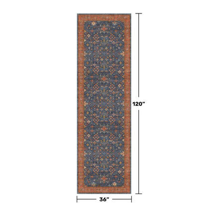Washable 10 ft Long Runner for Hallway - Navy Blue Kitchen Floor Runner Rug, Pet Friendly Waterproof Non Slip with Rubber Backing, Stain Resistant Laundry Room Rug (3x10 Navy Blue & Terracotta)
