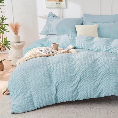 HYMOKEGE Twin Comforter Set - Luxury 5-Piece Bed in a Bag | Seersucker Lake Blue Bedding Set