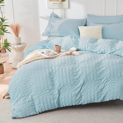 HYMOKEGE Twin Comforter Set - Luxury 5-Piece Bed in a Bag | Seersucker Lake Blue Bedding Set
