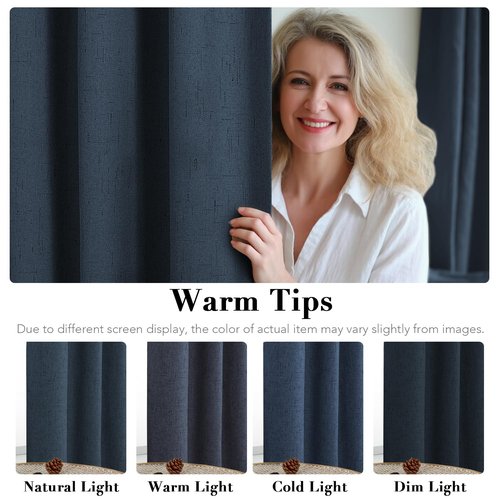 H.VERSAILTEX Primitive Linen Blackout Curtains with Burlap Fabric and White Thermal Insulated Liner, Grommet Top Curtains for Living Room/Bedroom (2 Panels, 42 x 84 Inch, Navy)