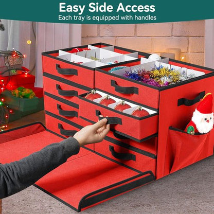 Christmas Ornament Storage Box - Stackable Organizer with Lid & Pockets | 8 Trays, Red
