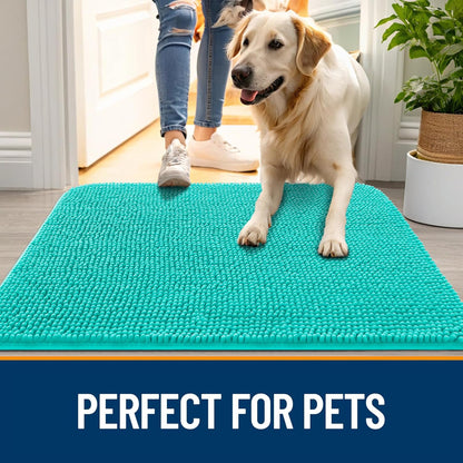 OLANLY Dog Door Mat - Absorbent Non-Slip Chenille Mat for Muddy Paws | 30x17 Inches, Teal
