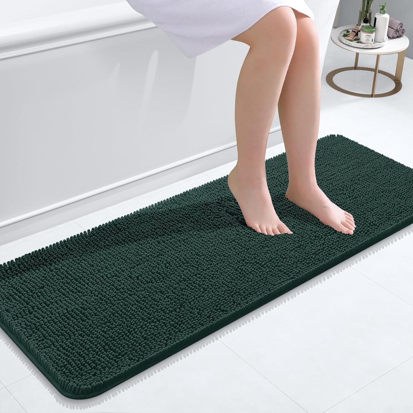 OLANLY Bathroom Runner Rugs - Soft Absorbent Chenille with Rubber Backing | 47x17 Inches, Blackish Green