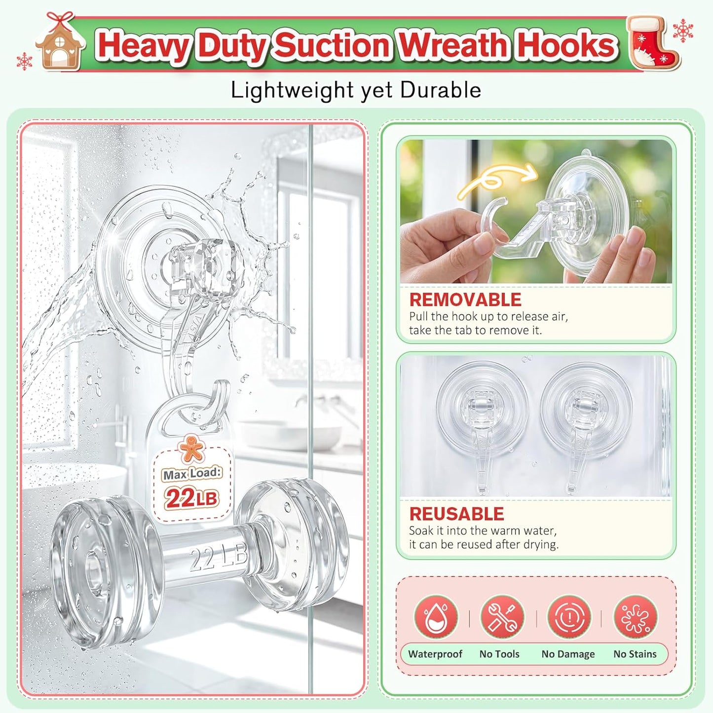 VIS'V Wreath Hanger - Heavy Duty Suction Cup Hooks | 22 LB Capacity, Removable & Reusable, Clear, 8 Pcs