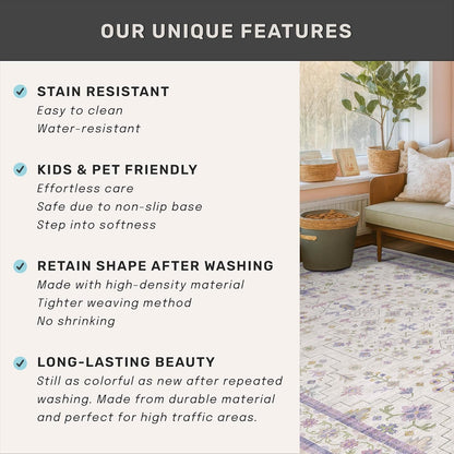 Regine Switzerland Light Purple Floral Area Rug - 5x8 Washable Non-Slip Carpet for Kids' Rooms