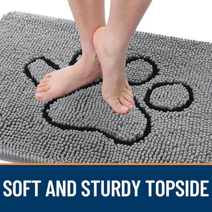 OLANLY Dog Door Mat for Muddy Paws 36x24, Paw Print Design, Absorbs Moisture and Dirt, Absorbent Non-Slip Washable Doormat, Quick Dry Chenille Mud Mat for Dogs, Entry Indoor Entryway Carpet, Grey
