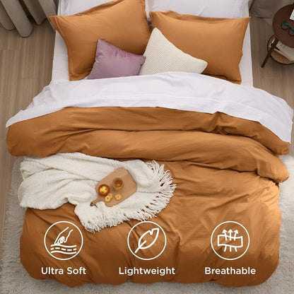 Bedsure Honey Ginger Duvet Cover - Extra Soft Queen Size Bedding Set with Zipper Closure & 2 Pillow Shams