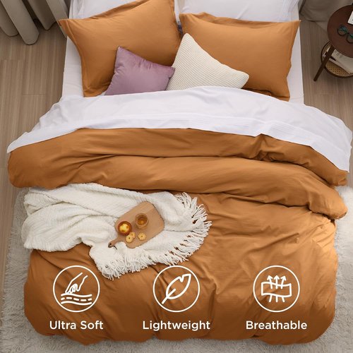 Bedsure Honey Ginger Duvet Cover Set - Extra Soft Cotton-Like Bedding, Full Size 80x90 Inches, 3 Pieces with Zipper Closure
