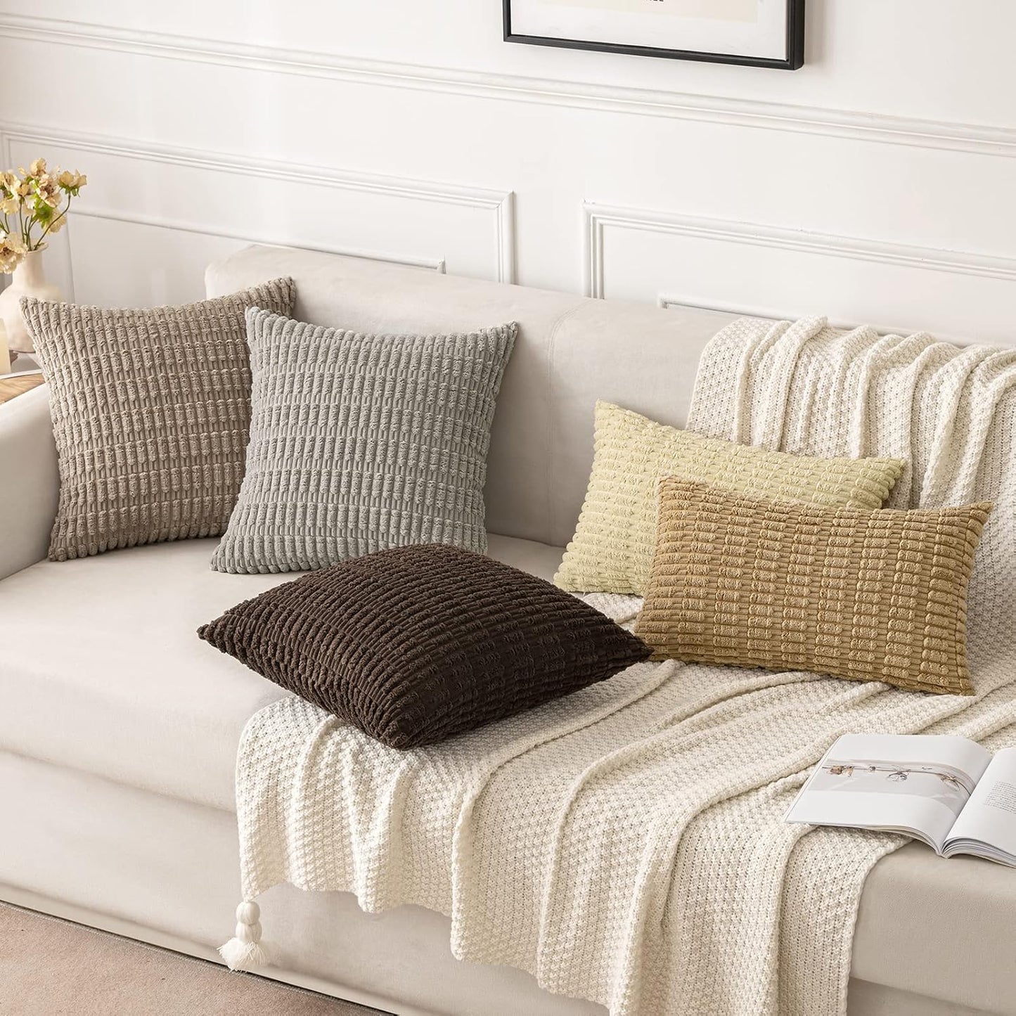 MIULEE Euro Sham Pillow Covers - Soft Boho Striped Corduroy | 24x24 Inch Light Brown Decor for Sofa & Bed