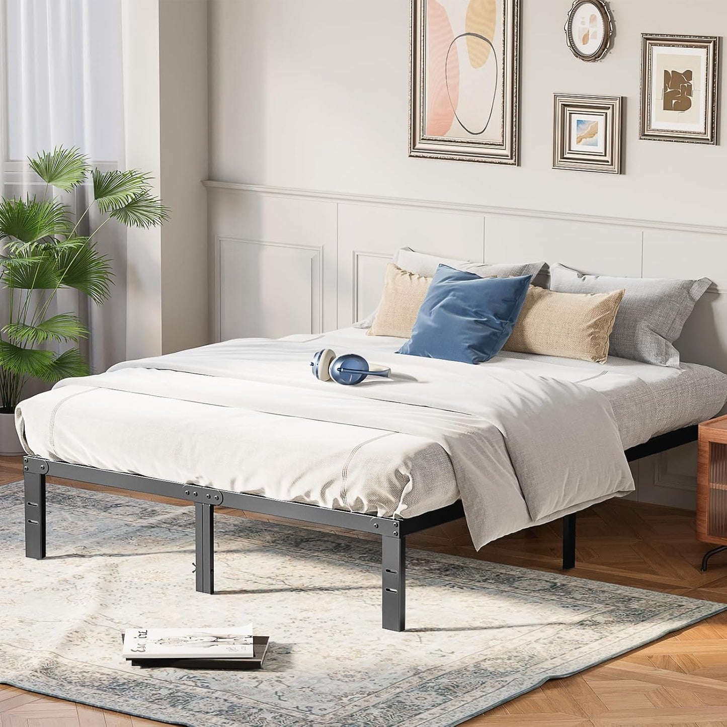 OLIXIS Metal Queen Bed Frame - 14-Inch High with Storage Space & Sturdy Steel Slat Support | Heavy Duty, Easy Assembly, Black