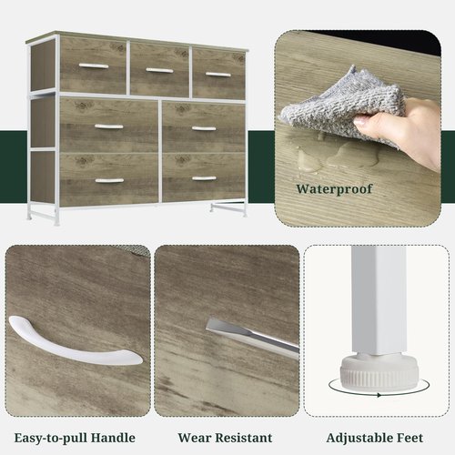 7-Drawer Dresser for Bedroom, Anti-Tip Wide Storage Organizer Fabric Chest of Drawers TV Stand for 45" TV with Wooden Top and Metal Frame for Closet, Living Room, Hallway, Entryway, Greige Oak