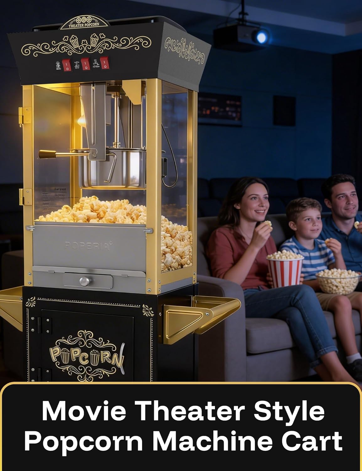Skiennix 12oz Retro Popcorn Machine - Professional Movie Theater Style with Warming Deck | Black & Gold
