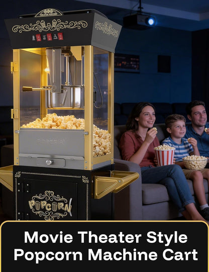 Skiennix 12oz Retro Popcorn Machine - Professional Movie Theater Style with Warming Deck | Black & Gold