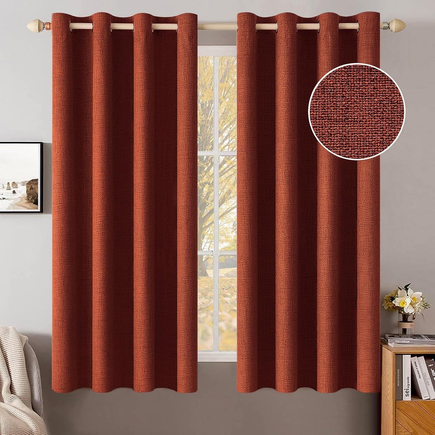 MIULEE Linen Curtains - 100% Blackout Thermal Insulated Drapes | Burnt Orange, 52 x 54 Inch (2 Panels)