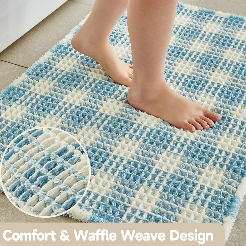 TYUU Waffle Bath Mat, Boho Bathroom Rugs Non Slip Washable Absorbent Checkered Bathroom Mat Quick Dry Cute Bath Mat, 36"x24" Blue and White