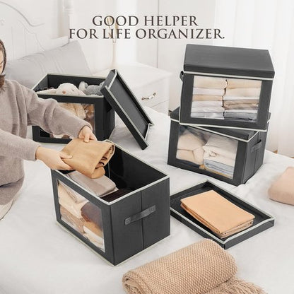 Homsorout Stackable Storage Bins - Large Foldable Closet Organizer with Lids | 3-Pack Dark Grey