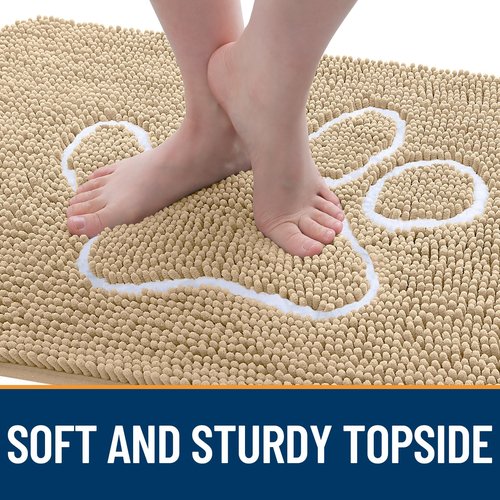 OLANLY Dog Door Mat for Muddy Paws 30x20, Paw Print Design, Absorbs Moisture and Dirt, Absorbent Non-Slip Washable Doormat, Quick Dry Chenille Mud Mat for Dogs, Entry Indoor Entryway Carpet, Beige