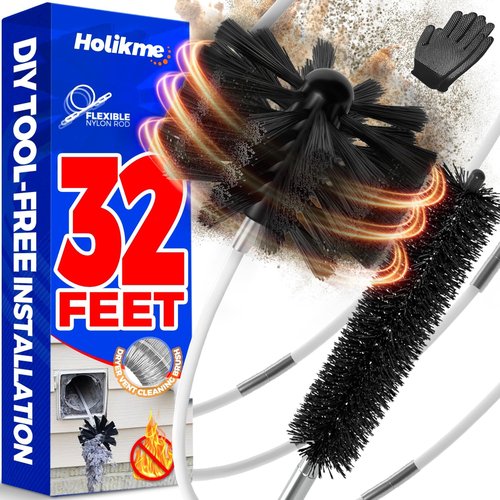 Holikme Dryer Vent Cleaner Kit - 32 Feet Lint Remover with Synthetic Brush Head | Ideal for Chimneys & Drills