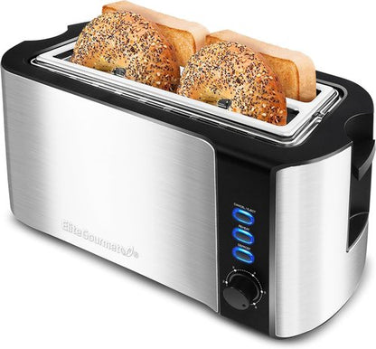 Elite Gourmet ECT-3100 4-Slice Long Slot Toaster - Extra Wide Slots for Bagels & Sourdough | 6 Browning Settings | Stainless Steel