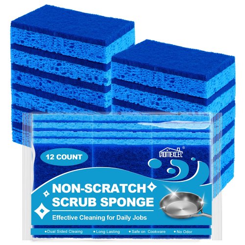 HOMEXCEL Sponges Kitchen 12pcs, Non-Scratch Scrub Dish Sponge Safe on Non-Stick Cookware, Dual Sided Cleaning Sponges for Kitchen, Household, Bathroom and More