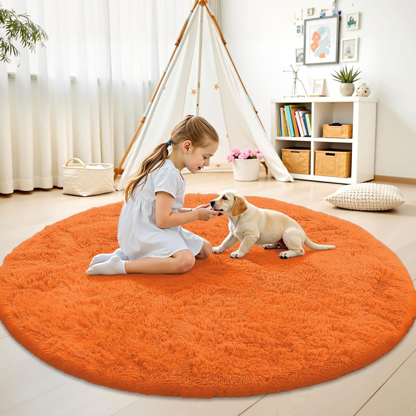 OLANLY Orange Round Area Rug - Soft, Fluffy, Machine Washable 9 ft Circle Carpet for Bedroom & Living Room Decor